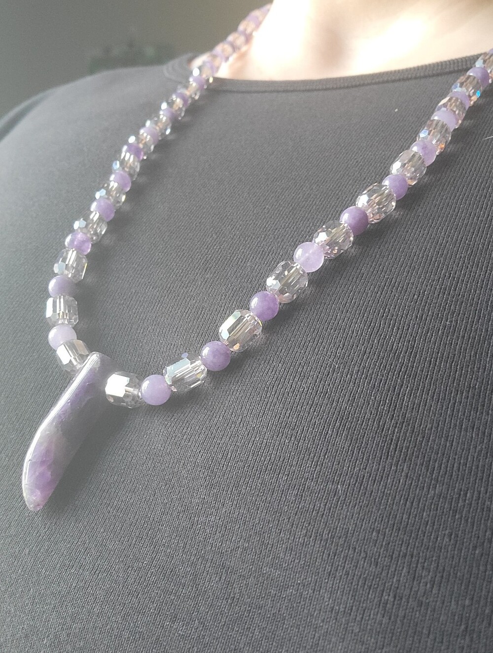 Amethyst Pendant & Lavender Beaded Genuine Crystal Necklace - Artisan Handmade